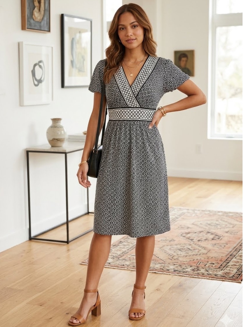 Voir Voir Y2K Empire Waist Midi Dress Geometric Modest Faux Wrap V-Neck Sz Large